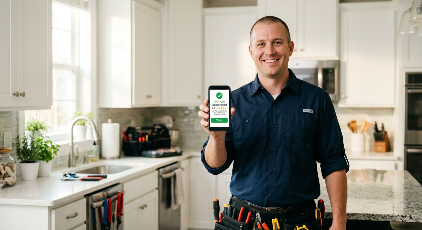 Professional photograph of a home service contractor holding a smartphone showing a Google Guaranteed badge in a bright kitchen, conveying trust and lead capture.