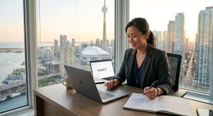 Lead Magnet | Pay Per Click Toronto business owner reviewing Google Ads pricing options on a laptop with a dashboard visible, while overlooking the city skyline from a modern office, holding a pen over a notepad comparing pricing structures.