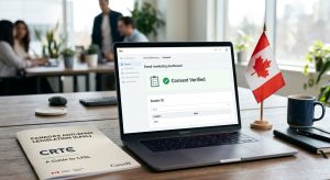 Lead Magnet | Pay Per Click Professional office desk with laptop showing email marketing dashboard and CASL document, conveying compliance and trust.