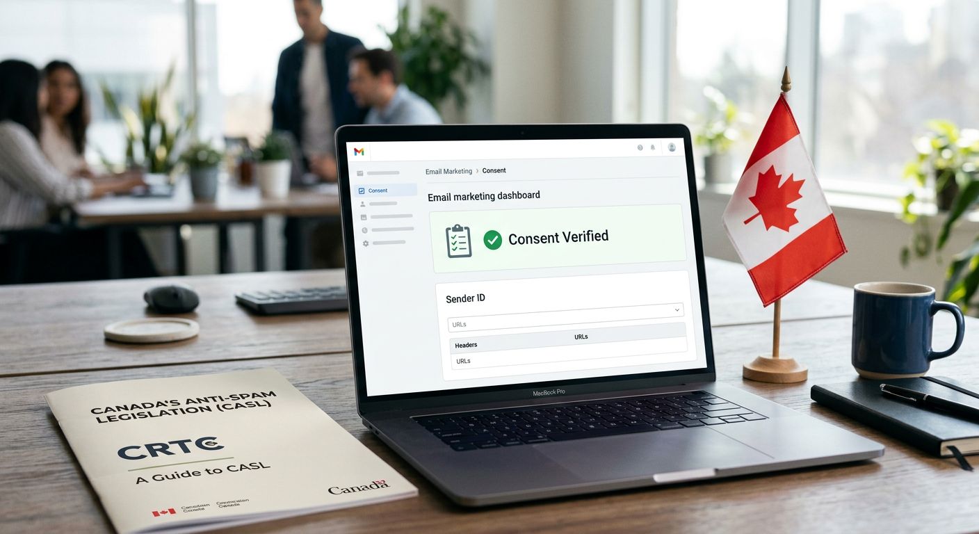 Professional office desk with laptop showing email marketing dashboard and CASL document, conveying compliance and trust.