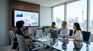 Lead Magnet | Pay Per Click A diverse team of professionals in a sunlit Toronto office reviewing data-driven marketing charts and a Canadian map on a large screen.