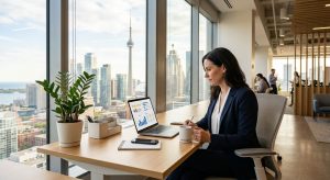 Lead Magnet | Pay Per Click Business owner viewing reputation management dashboard on laptop in a modern Toronto office with city skyline visible