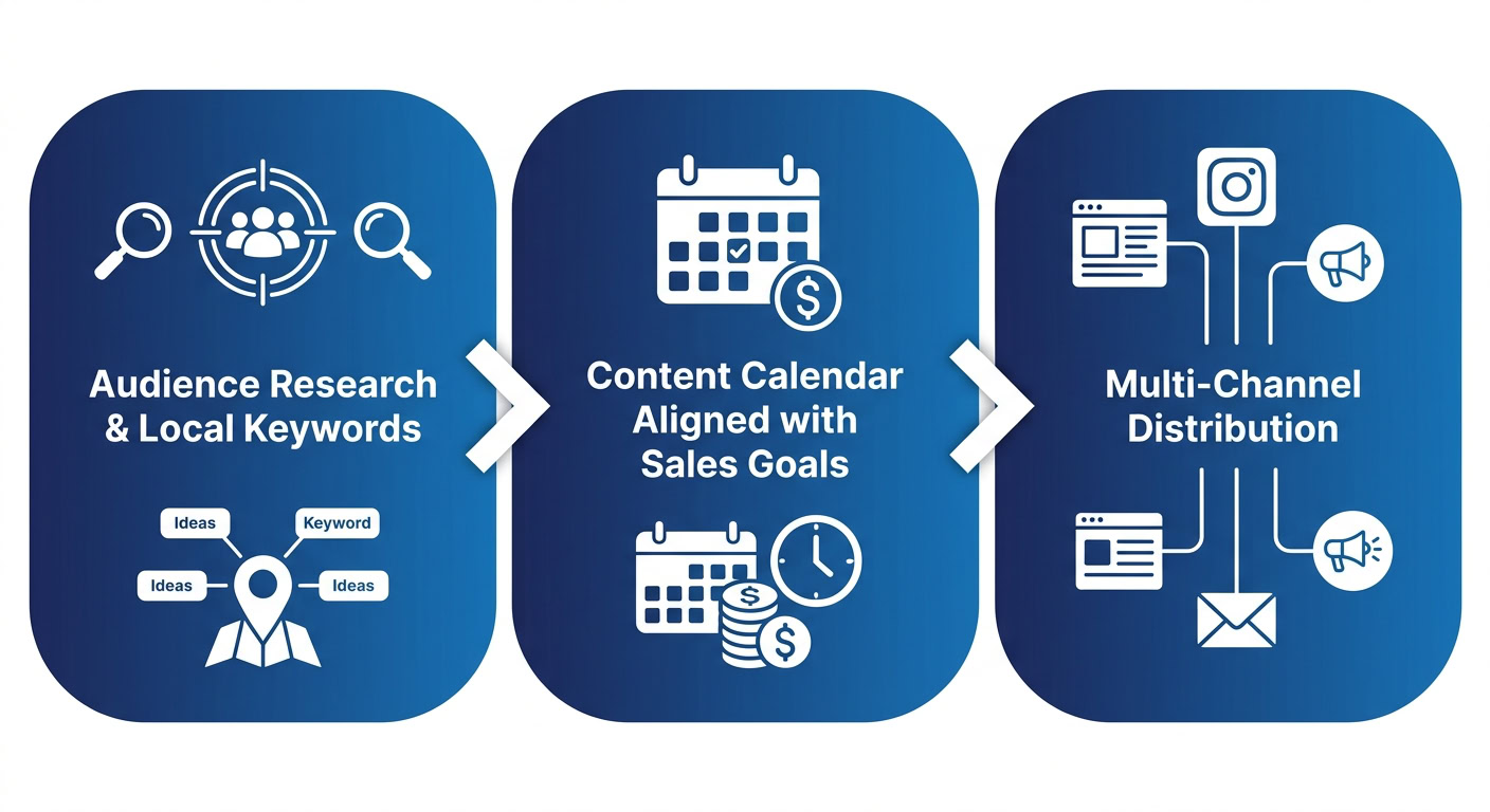 Content Marketing Strategies: Expert Guide for Toronto Horizontal three-step process flow diagram illustrating stages of creating a local content marketing plan, from audience research to content calendar to multi-channel distribution