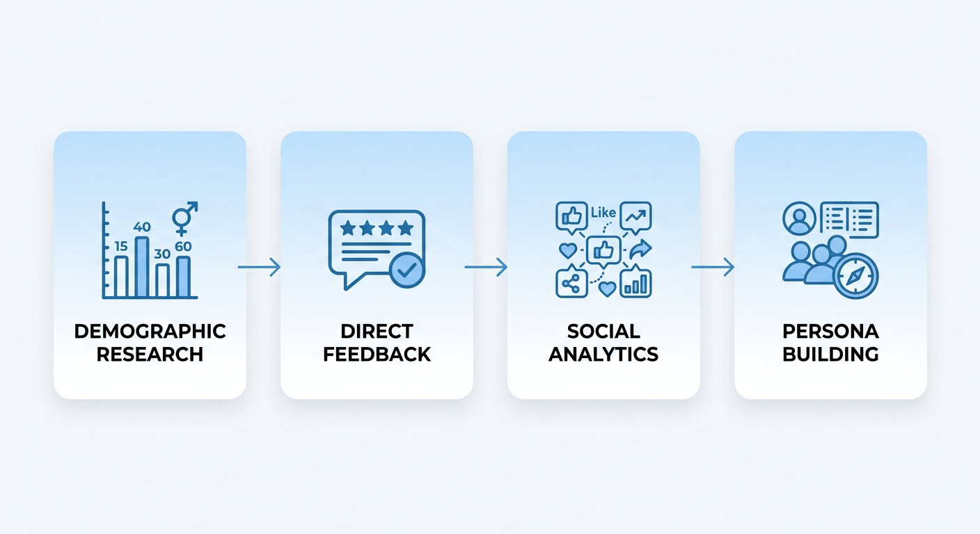 How to Build a Social Media Strategy: Toronto Guide 2026 Infographic showing four steps of audience analysis for Canadian local businesses: demographic research, direct feedback, social analytics, and persona building.