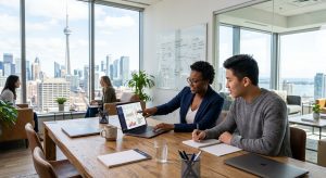 Lead Magnet | Pay Per Click Diverse digital marketing team collaborating in a modern Toronto office with skyline view, analyzing performance data on a laptop.