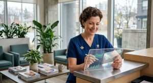 Lead Magnet | Pay Per Click A clean, well-lit dental clinic reception area with a smiling Toronto dentist reviewing a transparent dashboard on a tablet, showing charts and local map overlays. A gentle smile, modern scrubs, and subtle Canadian dental certification badges build trust. Soft natural daylight streams through large windows onto brushed-metal counters. A welcoming waiting area with a green plant and current magazines is visible in the background. The composition uses a shallow depth of field focusing on the tablet and the dentist's expression; the atmosphere is calm, professional, and patient-centered. High-quality editorial stock photo style with Canadian healthcare cues.