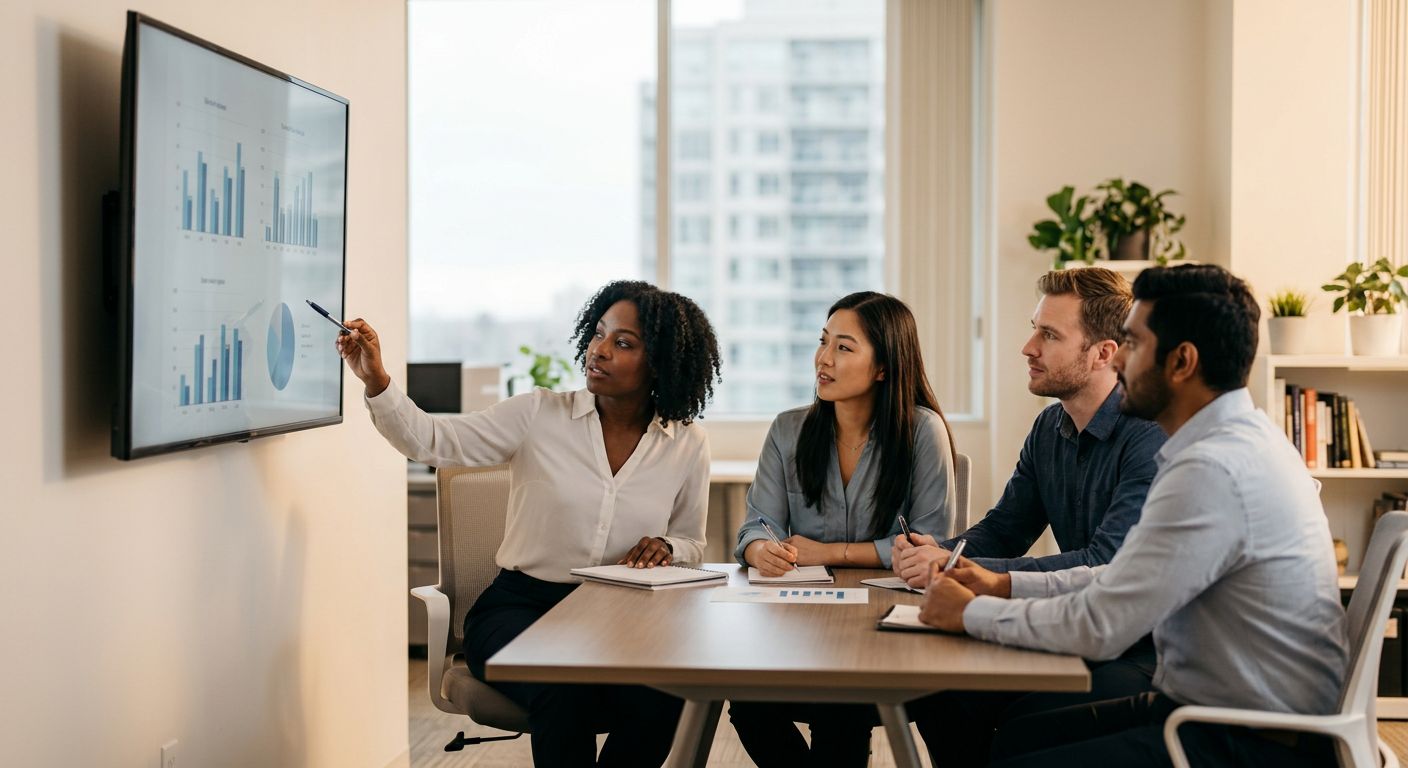 Marketing team discussing transparent pricing around a large digital screen in a modern Canadian office