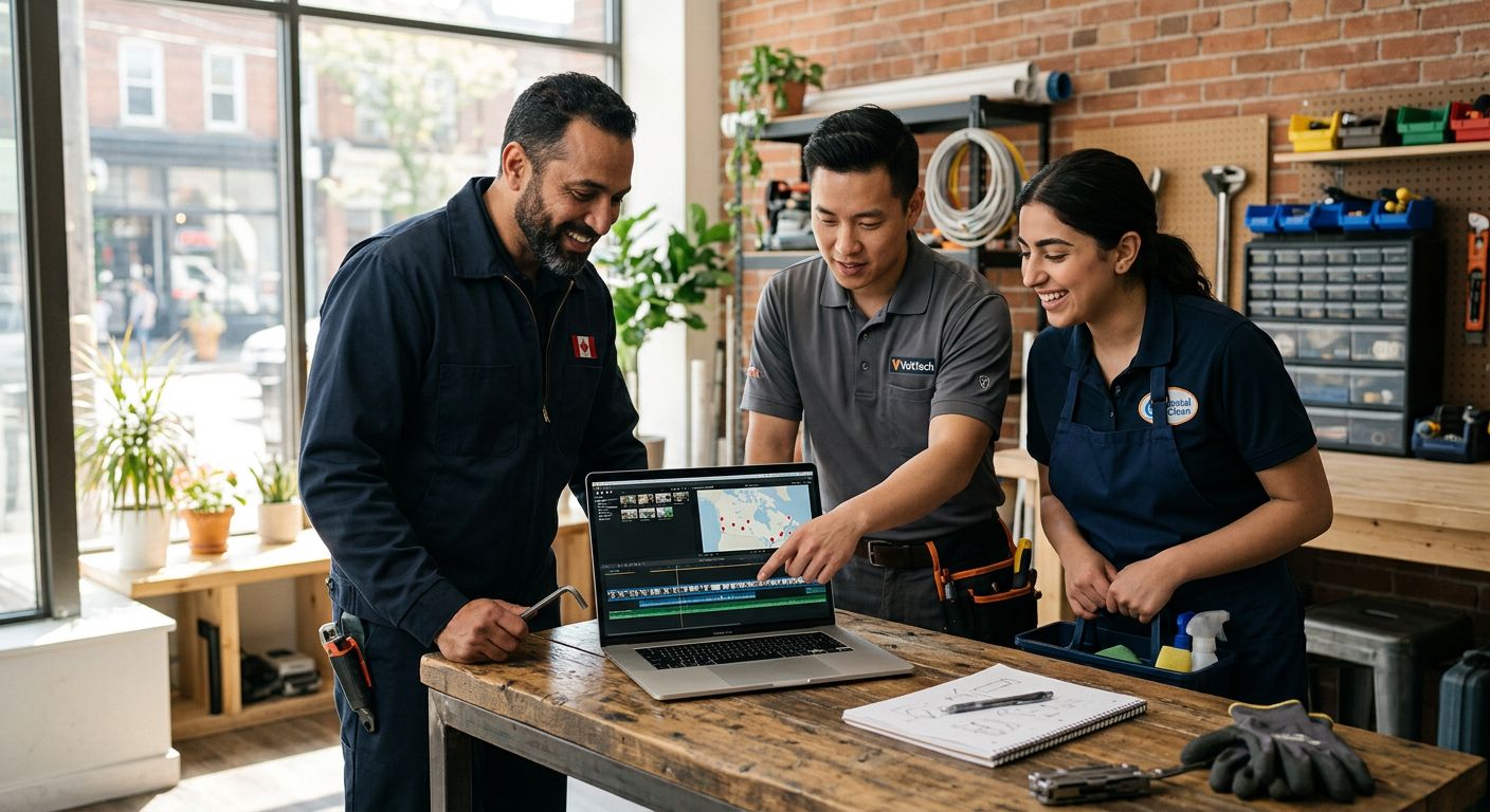 Three Canadian service professionals viewing a video editing timeline on a laptop in a bright modern office