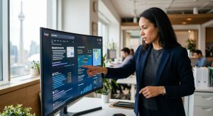Lead Magnet | Pay Per Click Digital marketing strategist analyzing AI search results and local business listings on a large monitor in a modern Canadian office.